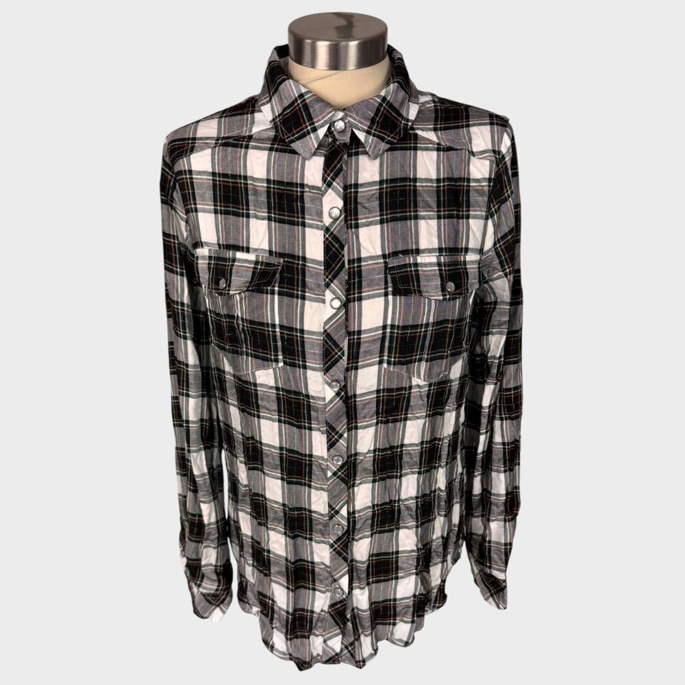 Cato Womens Medium Snap Front Plaid Shirt Black Brown White Rayon